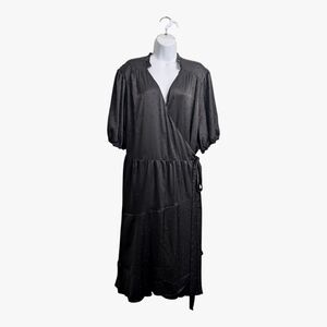 Draper James Black Satin Polka Dot Wrap Dress Tie Waist Short Sleeve Tiered 3X